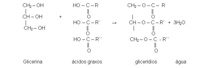 Text Box: CH2 – OH                     HO – C – R                     CH2 – O – C –  R     |                                            ||                                             ||  CH – OH            +                  O                              |             O    |                                  HO – C – R`        →         CH – O – C – R`  +  3H2O   CH2 – OH                              ||                                |             ||                                                O                                             O                                       HO – C – R``                    CH2 – O – C  - R``                                                 ||                                               ||                                                 O                                              O                  Glicerina                     ácidos graxos                        glicerídios             água